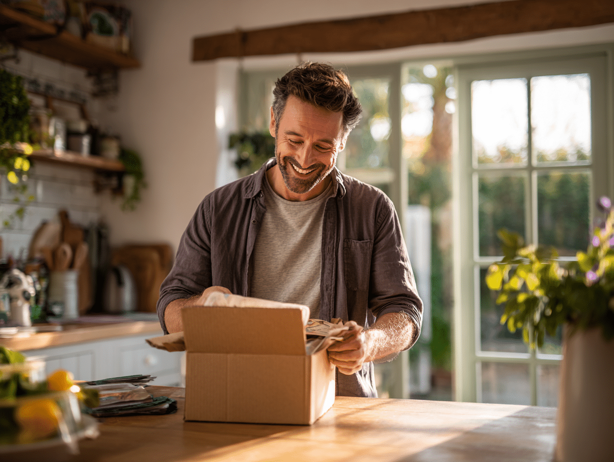 u3744633422 delighted man at home opening a delivery box on a 0e5defb4 4204 4d0c 8ff9 972371b994f7 2