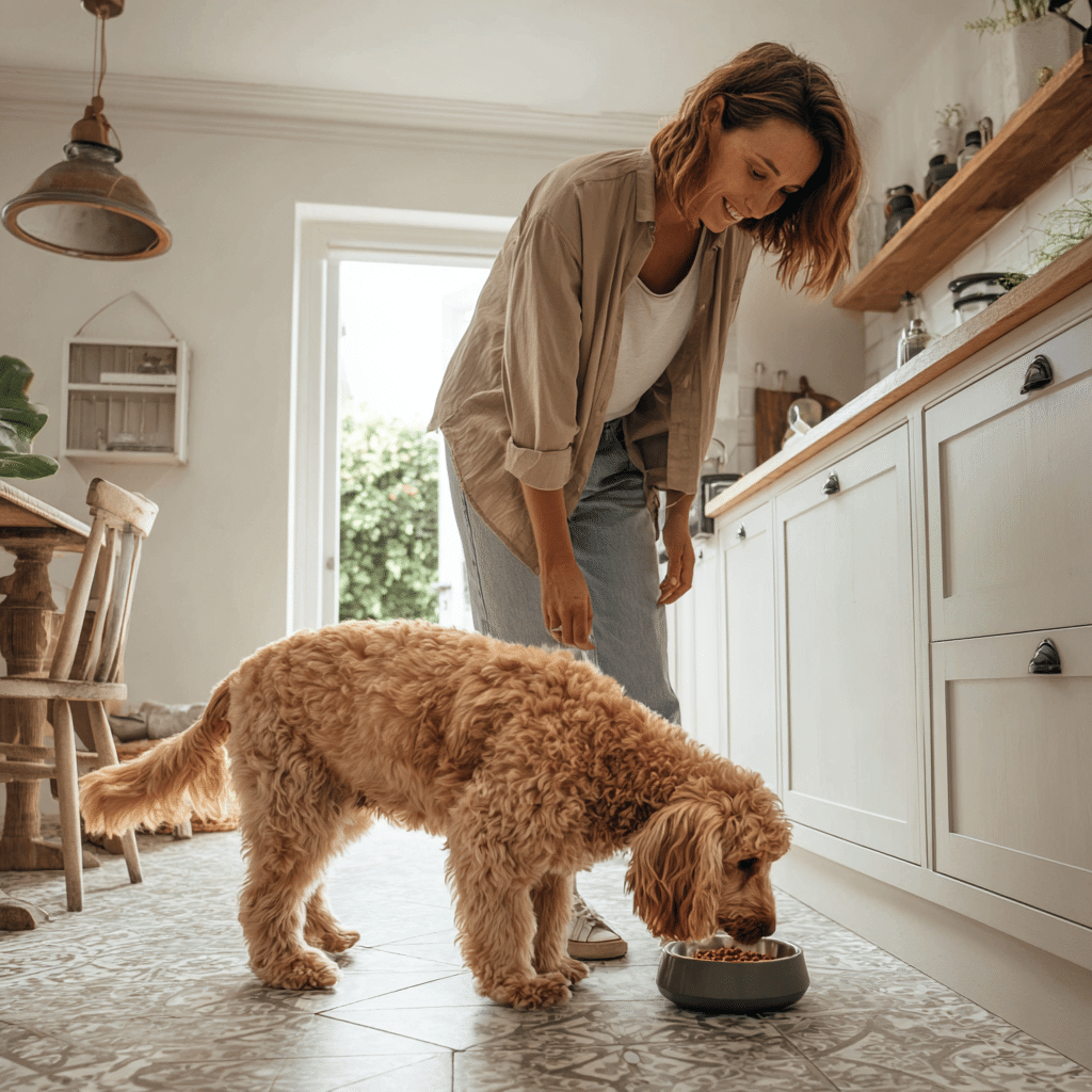 woman putting bowl of dog food down and dog 1